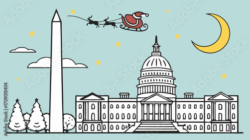 Washington dc skyline with santa  reindeer flying at night is perfect for christmasthemed designs, holiday advertisements, festive promotions.