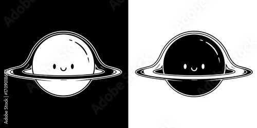 Adorable cartoon planet with rings and a happy smiling face, perfect for space-themed designs.