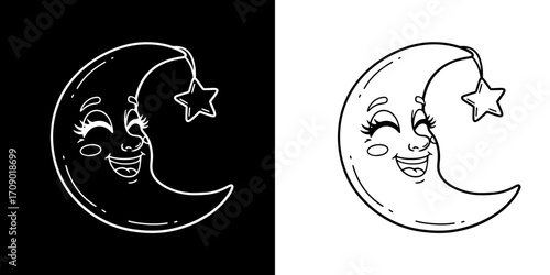 Joyful crescent moon character with sleepy star, perfect for children's stories and night themes