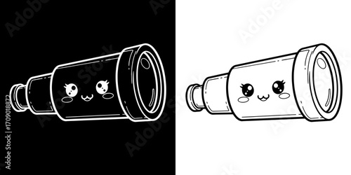 Cute kawaii spyglass character exploring new worlds with happy curiosity and wonder