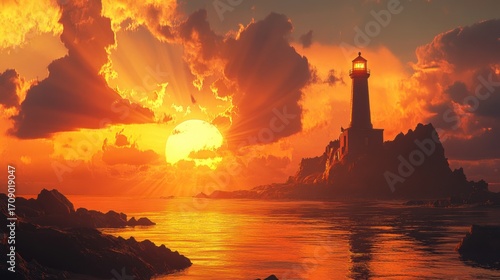 Wallpaper Mural Dramatic sunset over rocky coast with lighthouse (1) Torontodigital.ca