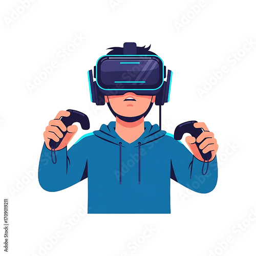 Young Person Experiencing Virtual Reality Gaming with VR Headset and Controllers