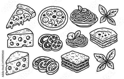 Italian food doodle collection isolated on transparent background, generative ai
