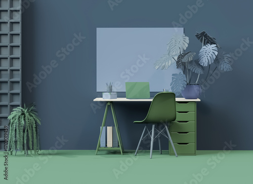 Modern Home Office Workspace with Green Plants and Minimalist Desk – Cozy Interior Design Background