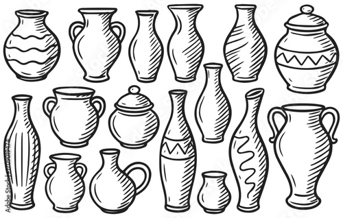 Vase and pottery doodle collection isolated on transparent background, generative ai