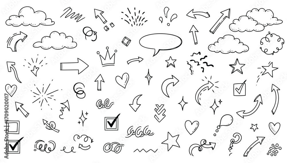 Naklejka premium Hand Drawn Doodle Elements Including Arrows Clouds Hearts Stars and Speech Bubbles Keywords: arrow, doodle, hand