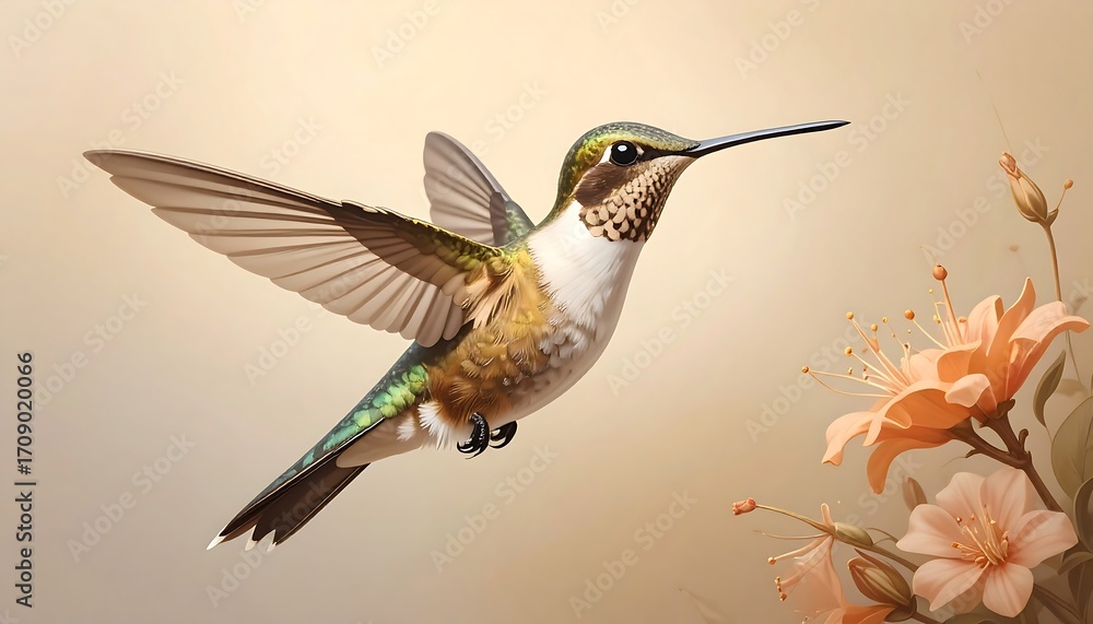 Fototapeta premium Hummingbird in Flight Near Flowers