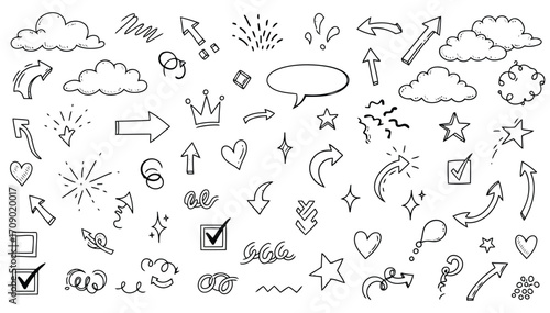 Hand Drawn Doodle Elements Including Arrows Clouds Hearts Stars and Speech Bubbles Keywords: arrow, doodle, hand