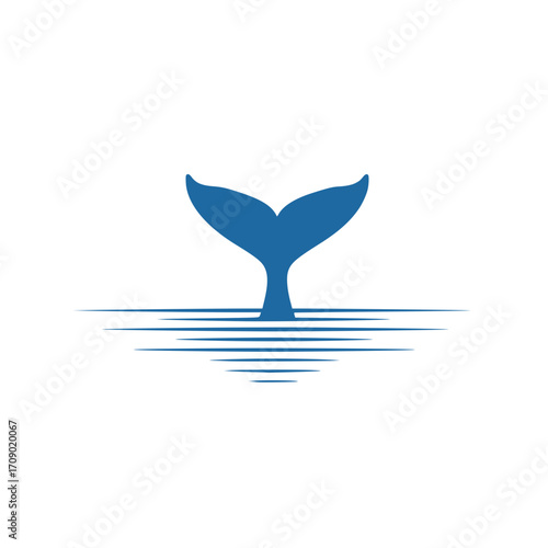 Whale Tail Emerging: A minimalist illustration of a whale's tail gracefully breaking the surface of the ocean, embodying marine life, calm, and environmental conservation. 
