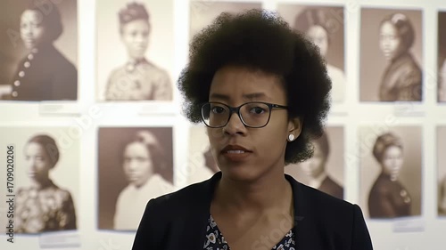Focused Young Woman with Glasses Posing near Sepia Toned Portraits with Natural Hair