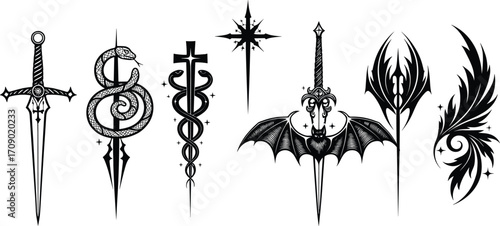 Elegant black gothic sword and mystical winged bat symbols, dark fantasy tattoo designs, sharp intricate blade art, medieval weapon illustration, magical fantasy elements