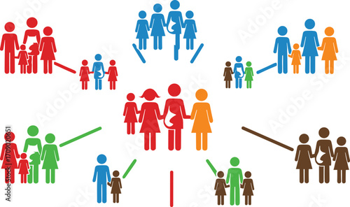 Diverse family icons, parents with children, pregnancy, parenting, community, colorful people symbols, abstract family illustration, childcare, unity, relationship, support, design