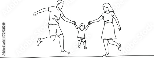 Continuous line drawing of happy family, father mother holding child, parenting concept, minimalist vector illustration design, love relationship artwork