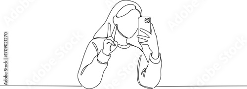 Continuous line drawing woman taking selfie, holding smartphone, showing peace sign, minimalist sketch, social media lifestyle, modern art illustration, digital concept