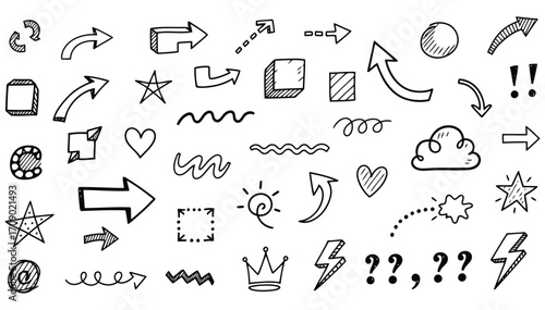 Hand Drawn Doodle Icons Arrows Shapes Hearts Stars and Symbols on White Background vector illustration