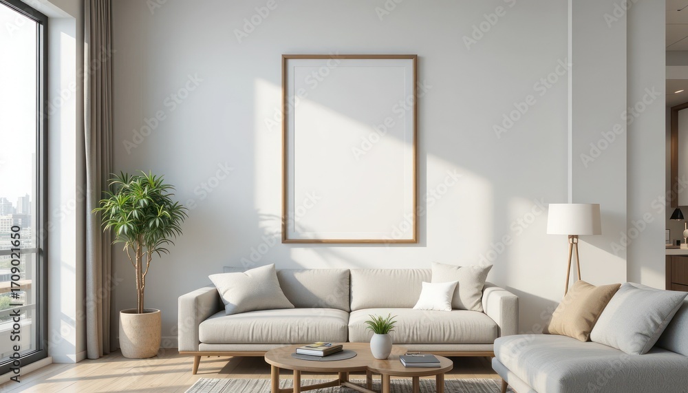 Fototapeta premium Modern interior design of a living room with a blank picture frame on the wall