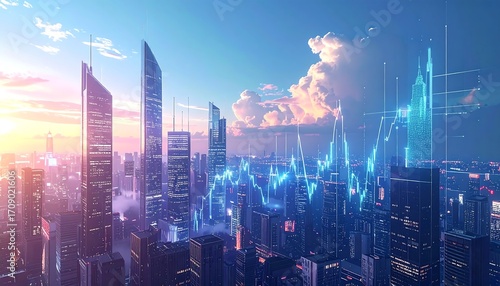 A futuristic cityscape at dusk with digital financial data overlaid on the skyscrapers, depicting market trends