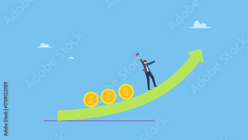 Businessman investor, fund manager holding flag lead money coins running up rising graph. Investment profit and earning, stock market growth or fund flow depend on interest rate and inflation.