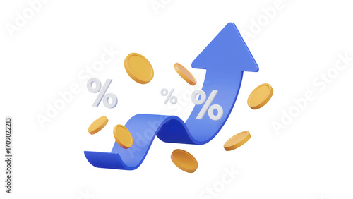 Rising profit margins with upswing arrow and gold coins, success concept