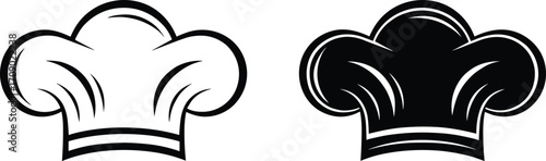Chef hat icon set, black and white cooking cap illustrations, culinary symbol, kitchen chef uniform, food preparation, cooking industry badge.