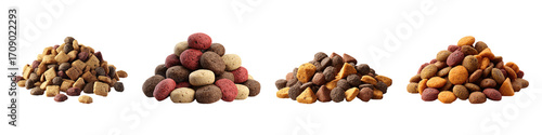 Assortment of Mixed Dry Pet Food Kibble for Dogs and Cats isolated on transparent background.