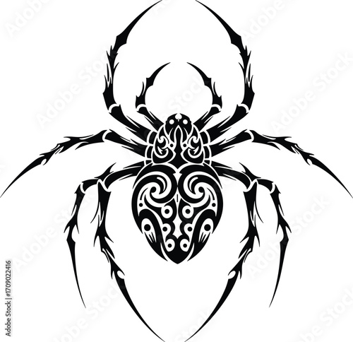 Black tribal spider tattoo design, gothic insect illustration, symmetrical spider art, scary bug clipart, horror tattoo inspiration