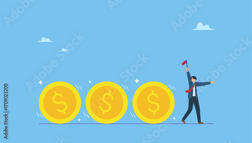 Businessman leader or investor holding flag control flow of money dollar coins. Cash flow, investment fund flow, fund raising, bank loan or financial activity to making money or profit.
