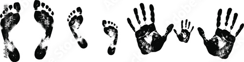 Black handprints and footprints family set, father mother children unity, grunge ink texture, parenting love concept, silhouette vector illustration