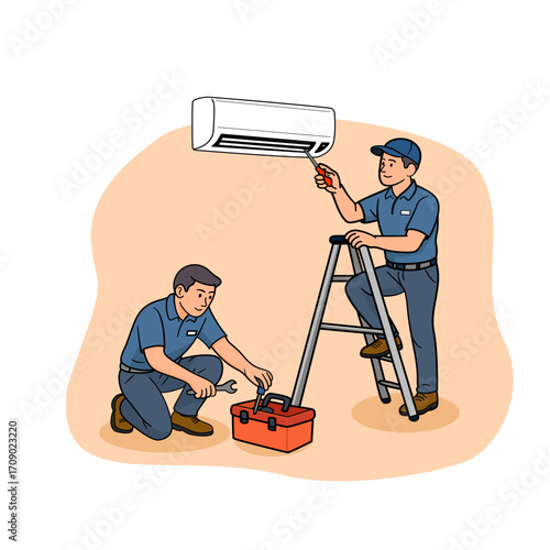 Two Air Conditioning Technicians Installing and Repairing Indoor Cooling System Illustration