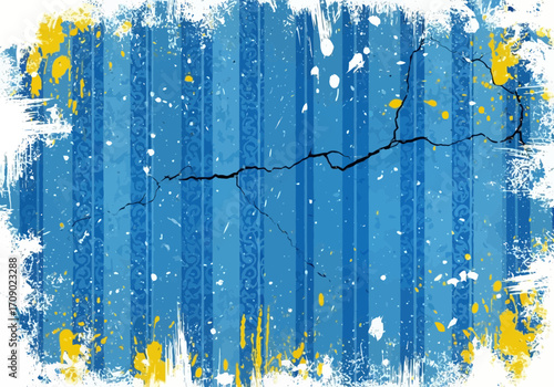 Vector art of distressed blue striped grunge background with white and yellow paint splatters and a prominent crack in the center, creating a rough, textured effect
