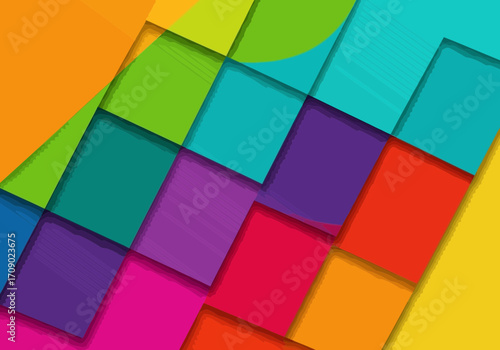 Vector art of colorful abstract background with overlapping squares and rectangles in a dynamic diagonal arrangement