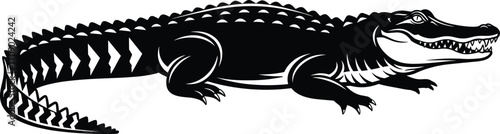 Alligator silhouette vector illustration, black and white reptile clipart, aggressive crocodile design, wildlife animal graphic for t-shirts, decals.