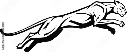 Abstract leaping panther logo design, fierce wild cat silhouette vector, athletic jungle predator illustration, tribal tattoo style artwork