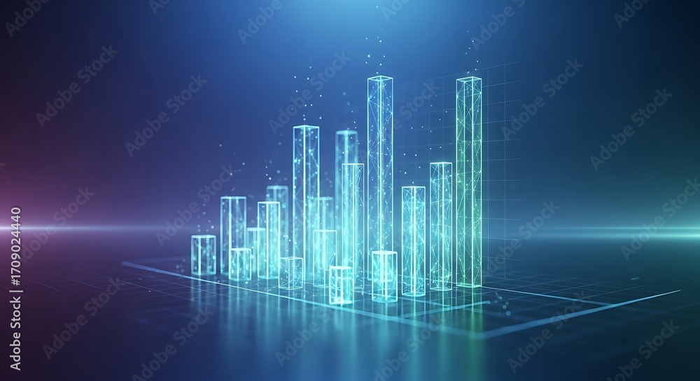 Fototapeta premium Glowing digital bar graph rises from a reflective surface, showcasing data visualization with a futuristic and technological aesthetic, symbolizing progress and innovation.