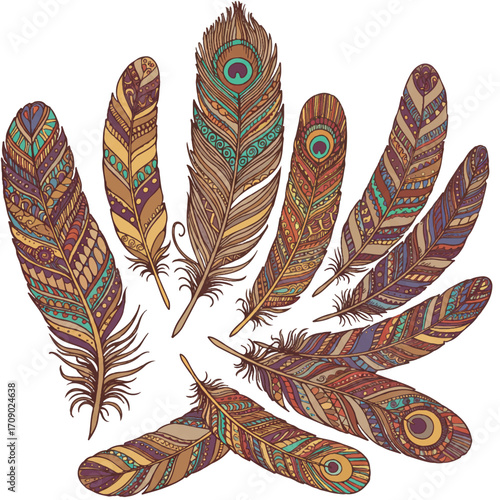 Majestic feathers in a flat 2D vector illustration showcase intricate patterns against a clean white background, creating an elegant and delicate visual aesthetic.