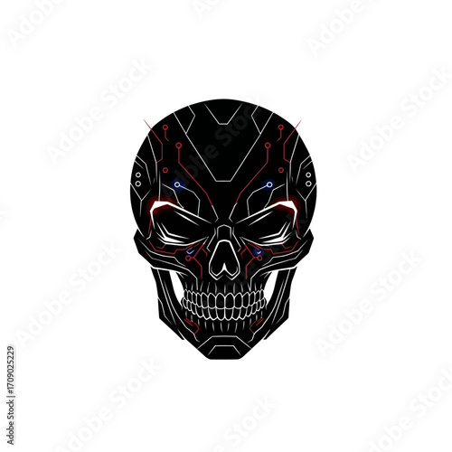 Cybernetic Skull with Red Circuitry and Blue Eyes