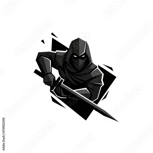 Black Ninja with Katana Sword, Vector Illustration