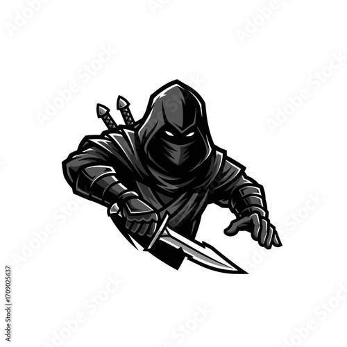 Stealthy Ninja Assassin with Drawn Dagger Ready