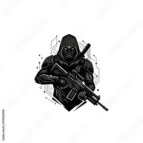 Futuristic Soldier Holding Rifle, Black and White Illustration