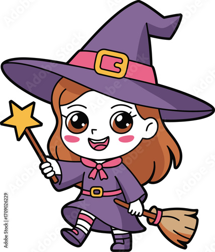 Cute cartoon witch with star wand and broom halloween