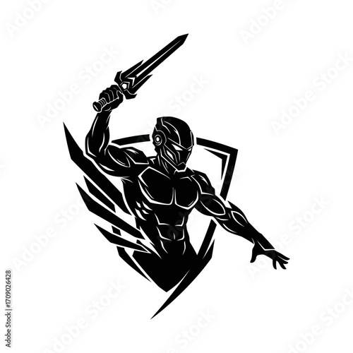 Muscular Cyborg Warrior with Sword and Shield Emblem