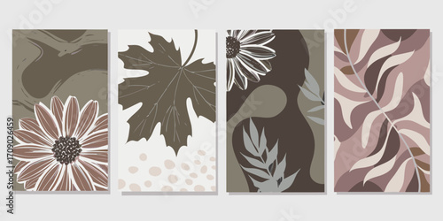 Set of four abstract floral and leaf illustrations in muted earthy tones for modern decor