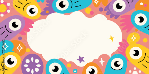 Whimsical cartoon monsters frame a blank speech bubble for text and design