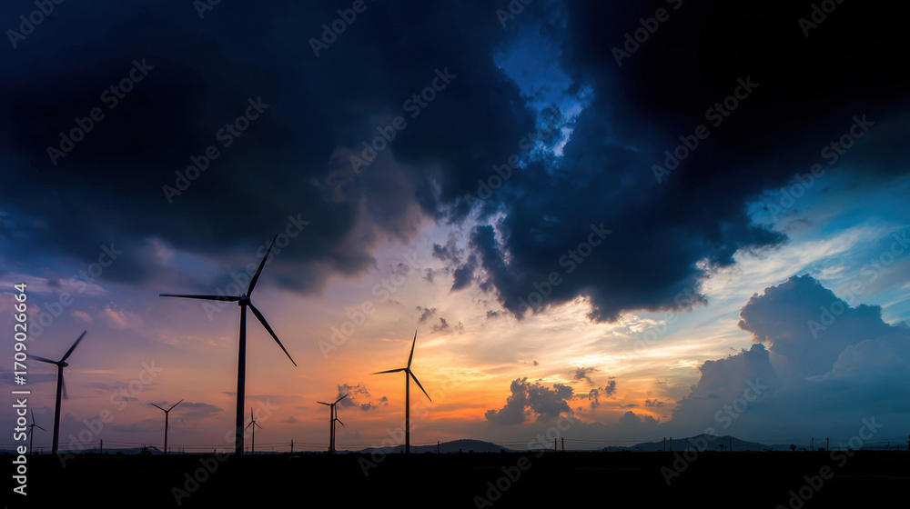 Obraz premium Wind turbines silhouette against dramatic sunset sky filled with clouds, showcasing renewable energy and nature beauty. scene evokes sense of tranquility and sustainability