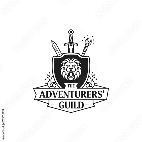 Roaring Lion Head Emblem with Swords, Staff, and Adventurers' Guild Banner
