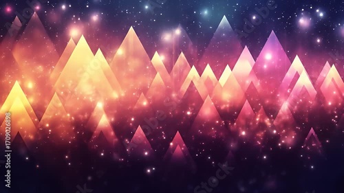 Abstract geometric mountain range design with glowing triangles and scattered light particles