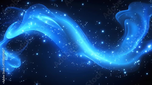 Abstract glowing blue waves with sparkling dots on a dark background