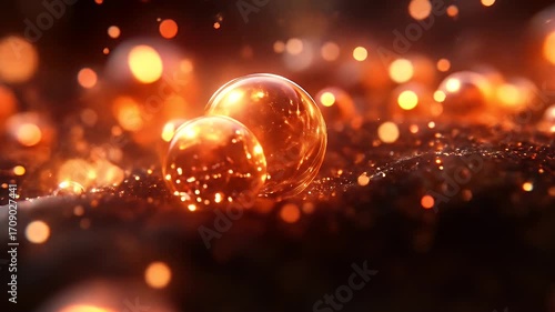 Abstract glowing orbs on a dark surface with bokeh