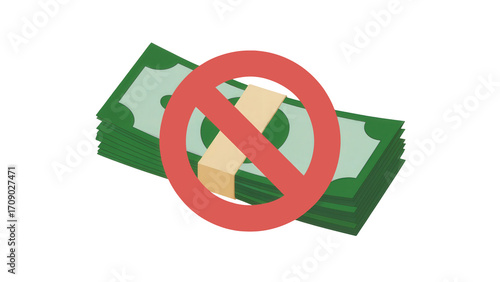 No money symbol with a red prohibition sign over cash stack illustration