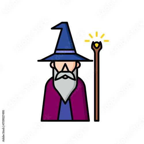 Cartoon Wizard with Pointed Hat and Glowing Staff Illustration